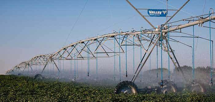 Irrigation system spraying crops